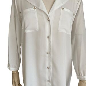 KARL LAGERFELD | Ivory Pearl Button Shirt with Bow Cuff 3/4 Sleeve Size L